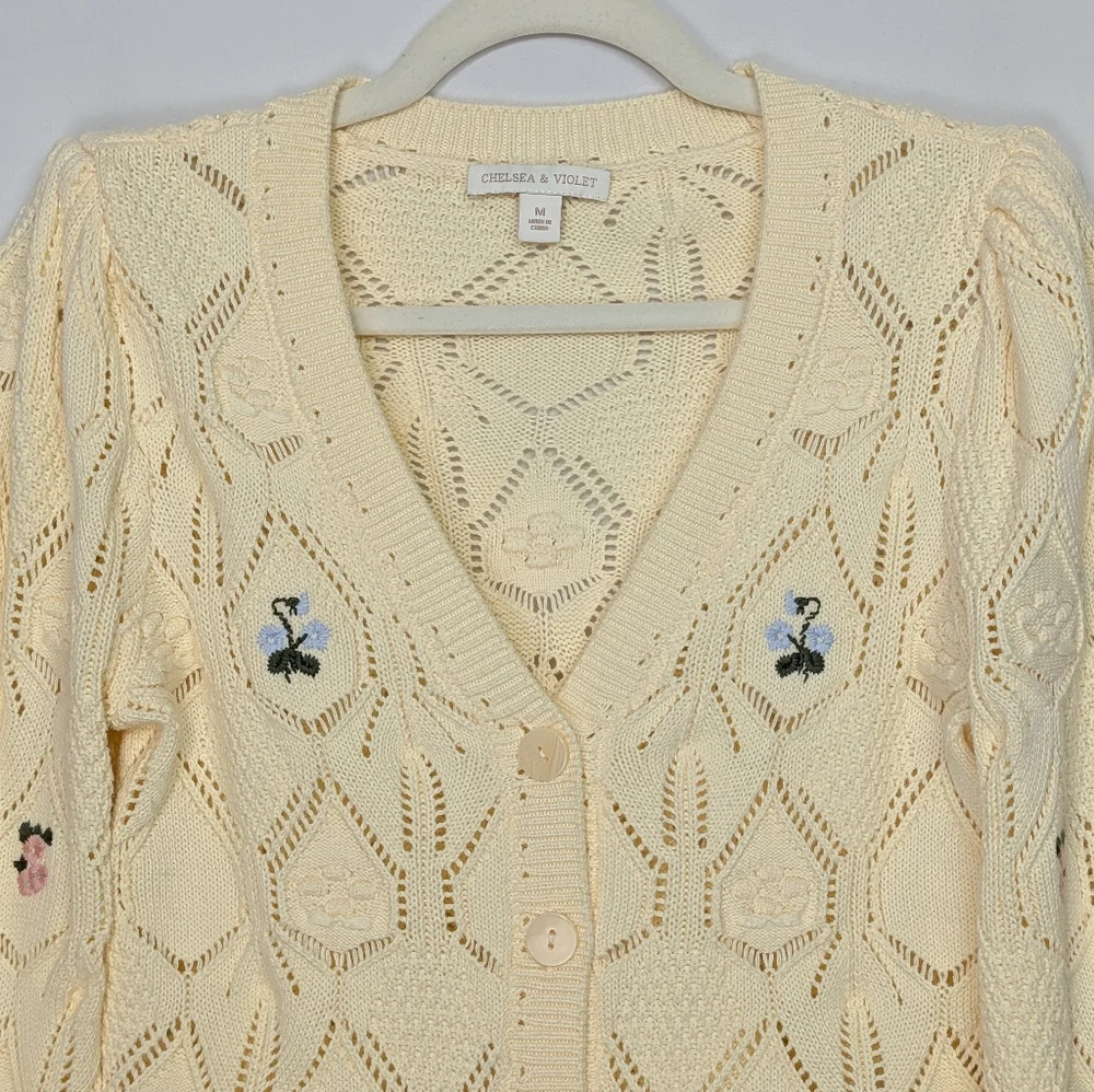 CHELSEA & VIOLET Pointelle Knit Floral Embroidered Button Front Cardigan Sweater - Picture 4 of 12